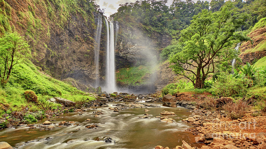 Jungle Photograph - Beautiful waterfall hidden in the tropical jungles panorama view by MotHaiBaPhoto Prints