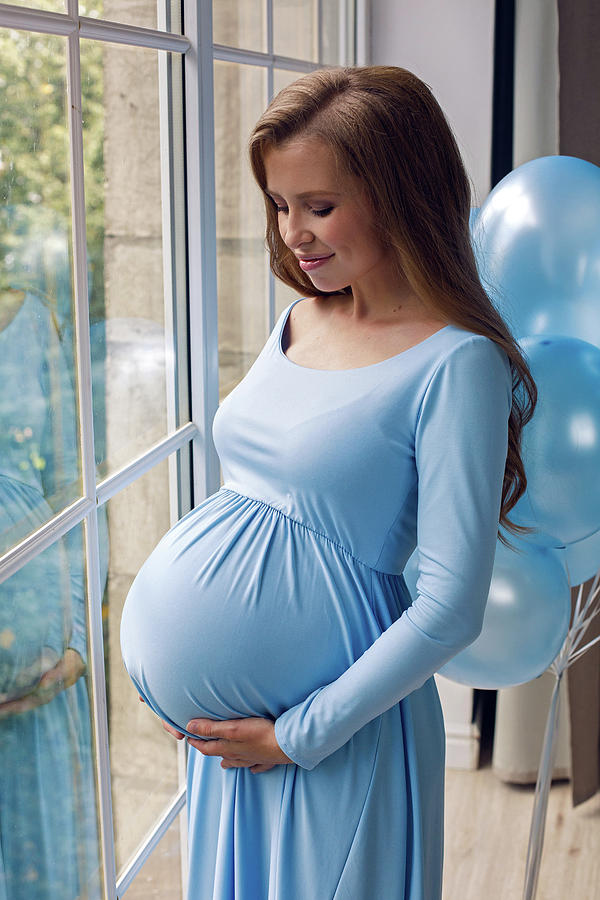 Beautiful Young Pregnant Girl In Blue Long Dress With Blue Balloons Photograph By Elena Saulich 