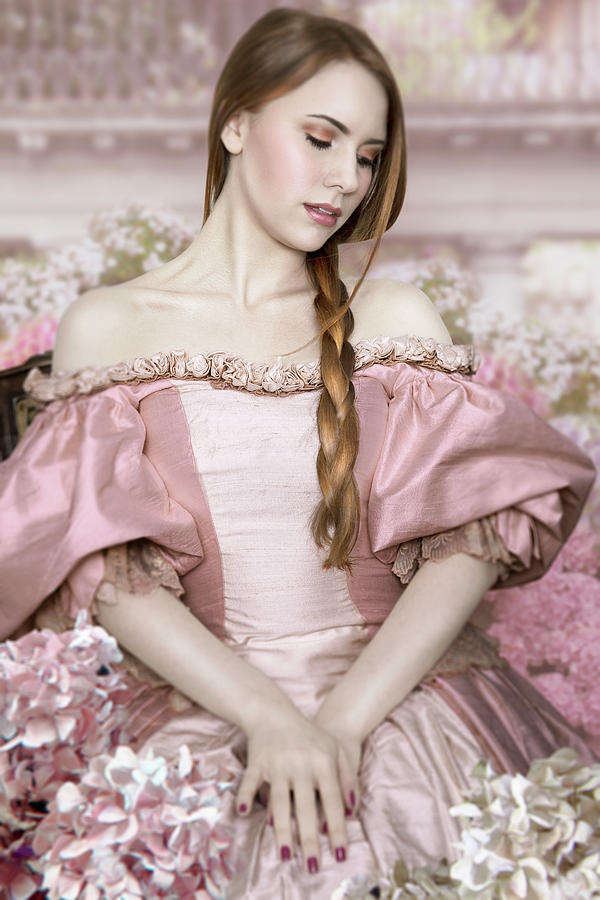 Beautiful Young Victorian Woman Sitting Amongst Pink Flowers Photograph by Ethiriel Photography