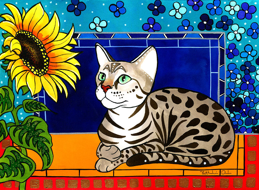 Cat Painting - Beauty in Bloom - Savannah Cat Painting by Dora Hathazi Mendes