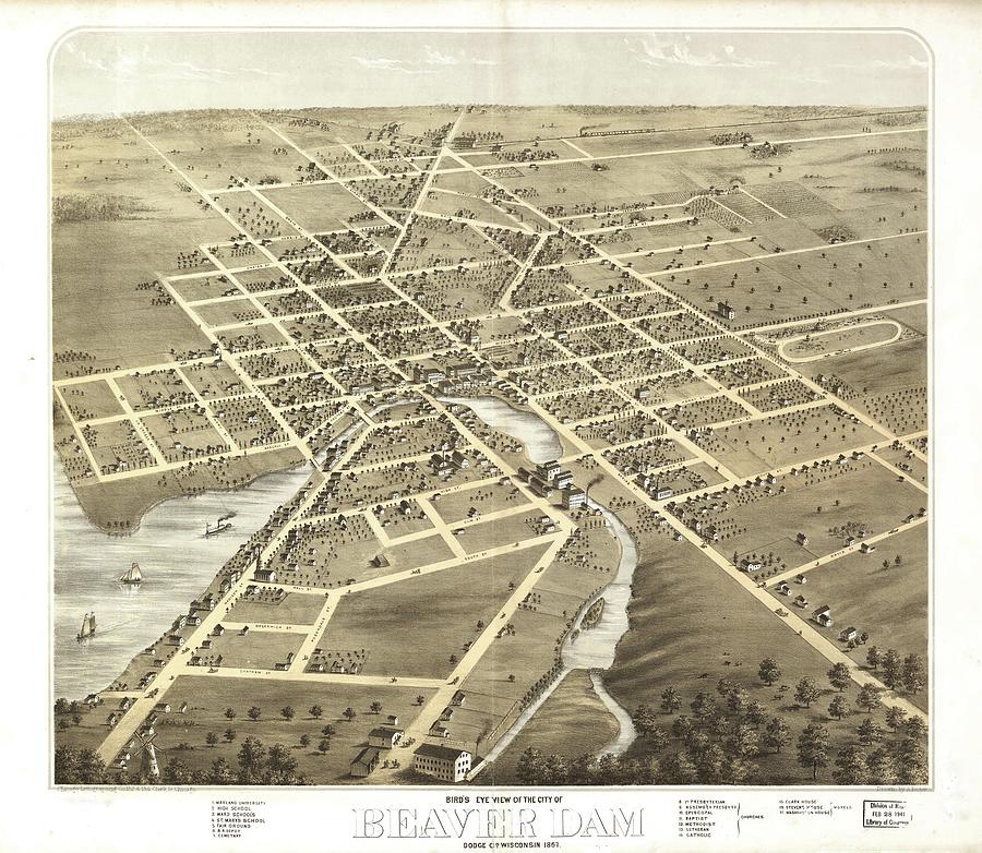 Beaver Dam WI Antique Map Pictorial Perspective or Birdseye Map 1867 ...