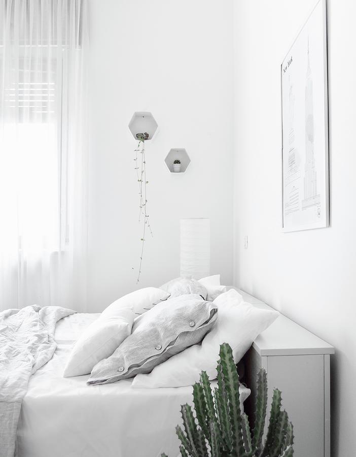 Bed With Storage In Headboard In White Bedroom Photograph by Agata Dimmich