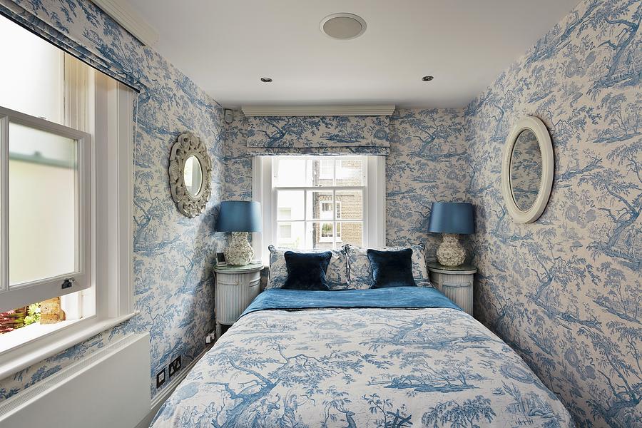 Bedroom In Fresh Blue And White With Toile Tree Pattern On Both Wallpaper And Textiles Photograph by Simon Maxwell Photography