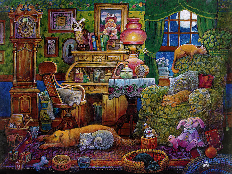 Cat Painting - Bedtime by Bill Bell