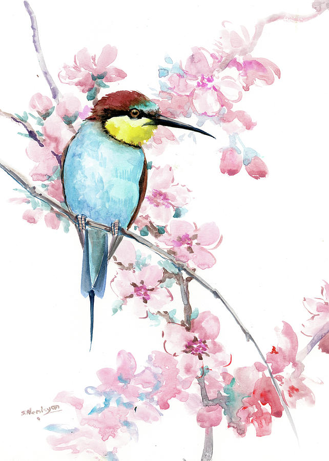 Bee Eater adn Spring Blossom Painting by Suren Nersisyan