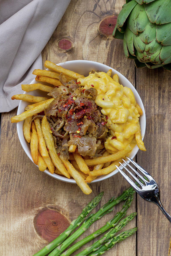 Beef Doner, French Fries And Macncheese, Asparagus, Tomato, Greens, Arugula, Cabbage Photograph by Margarita Simonova