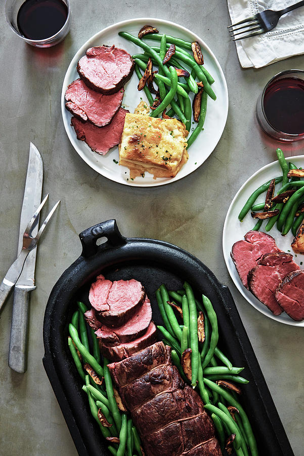 Beef Fillet With Potato Gratin, Green Beans And Mushrooms Photograph by Fred + Elliott  Photography