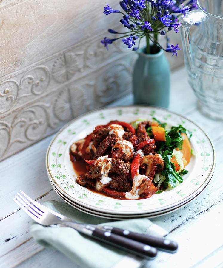 Beef Goulash With Creme Fraiche, Mushrooms, Red Pepper And Butternut Squash Photograph by Karen Thomas