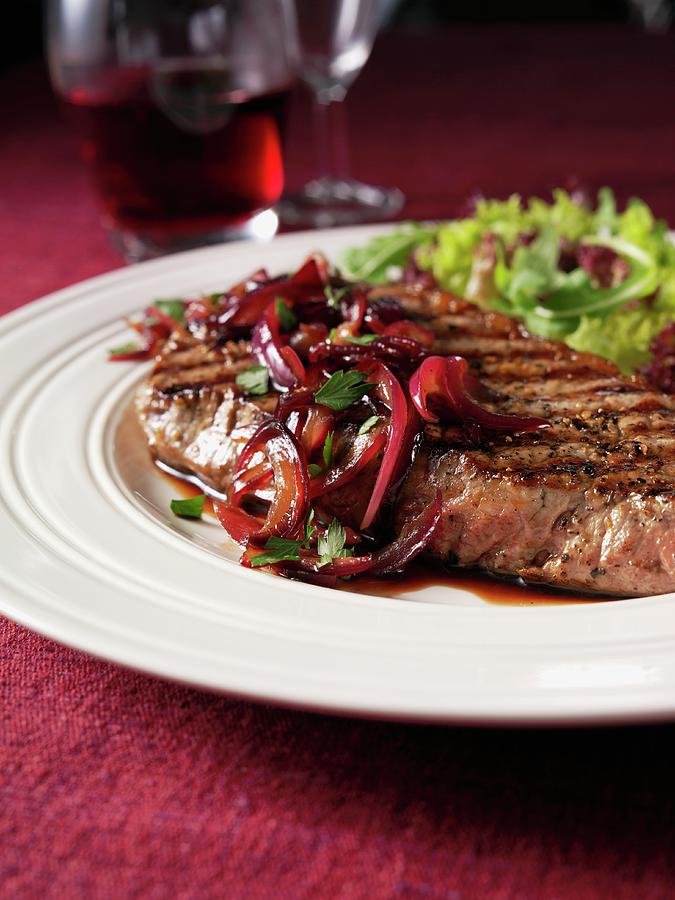 Beef Steak With Balsamic Vinegar And Red Onions Photograph by Moore, Hilary