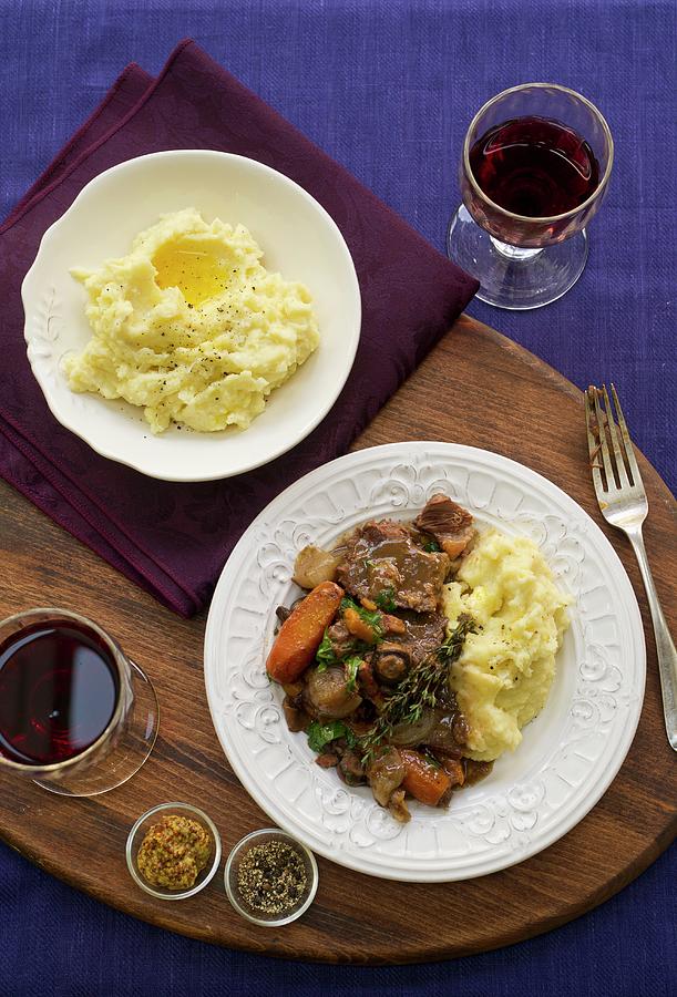 Beef Stroganoff With Mashed Potatoes And Red Wine Photograph by Tim Winter