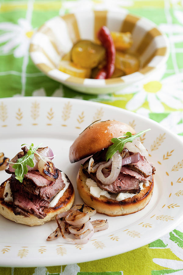 Beef Tenderloin Sliders With Onions And Arugula Photograph by Leo Gong