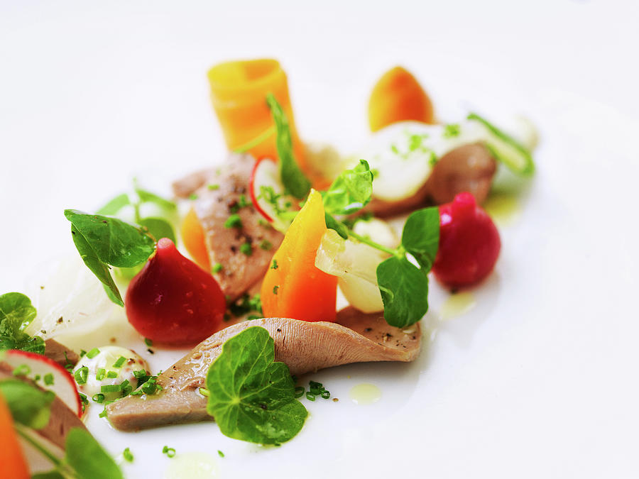 Beef Tongue With Baby Vegetables, Radishes And Watercress Photograph by Rob Whitrow