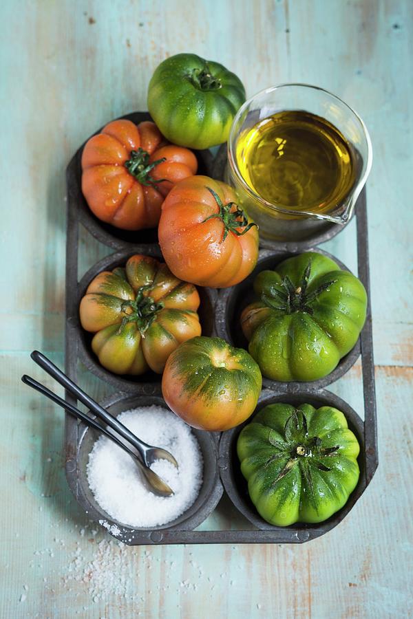 Beefsteak Tomatoes, Olive Oil And Salt Photograph by Eising Studio