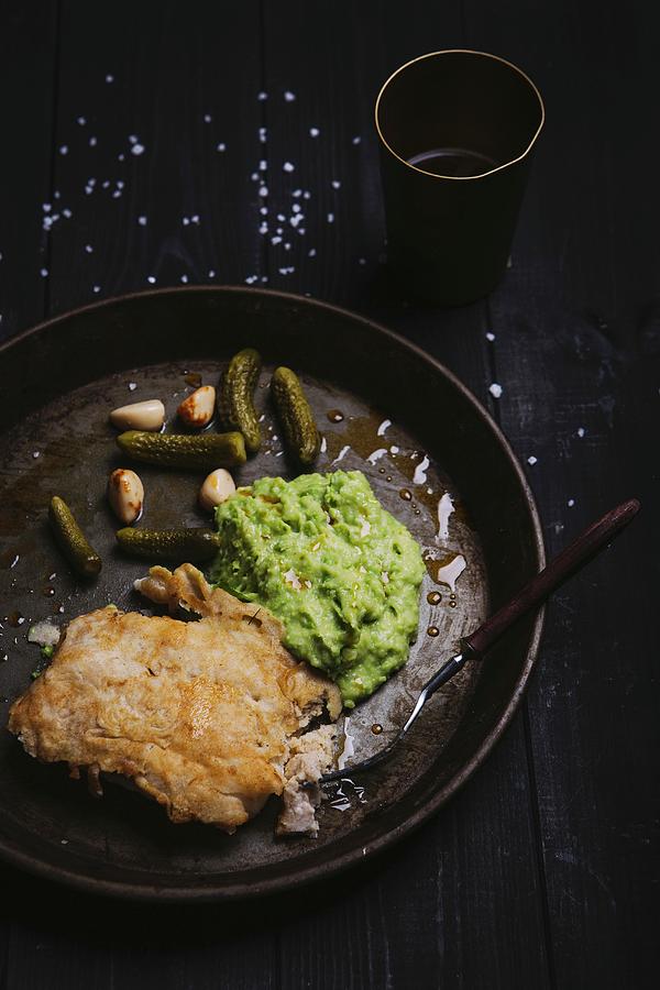 Beer Battered Cod With Mashed Potatoes And Peas, Gherkins And Garlic Photograph by Karolina Kosowicz