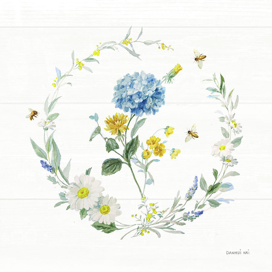 Daisy Painting - Bees And Blooms Flowers IIi With Wreath by Danhui Nai