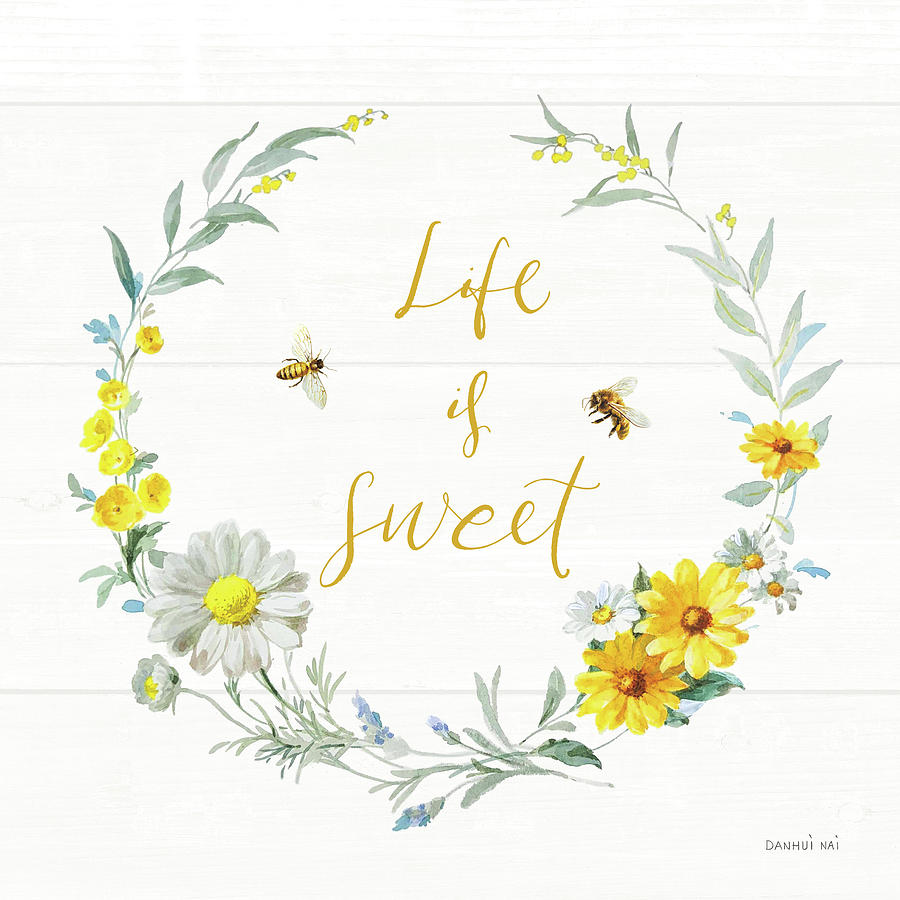 Daisy Painting - Bees And Blooms_life Is Sweet Wreath by Danhui Nai