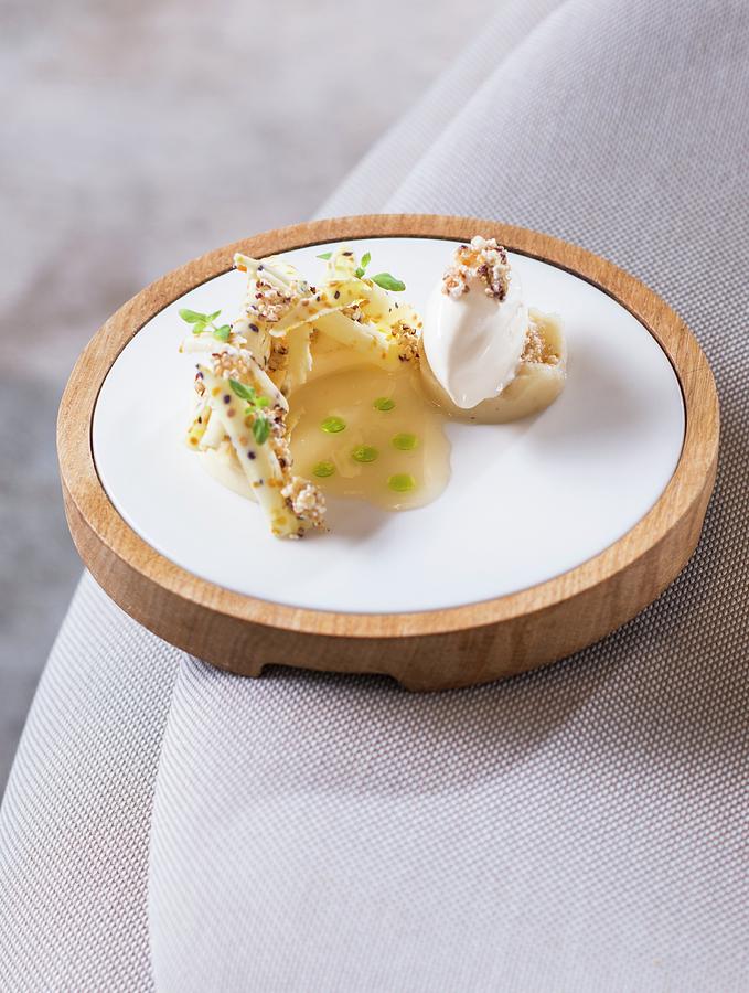 Beeswax With Flower Pollen, Quince And Cereal Ice Cream From The johanns Restaurant In Waldkirchen, Bavaria, Germany Photograph by Jalag / Michael Schinharl