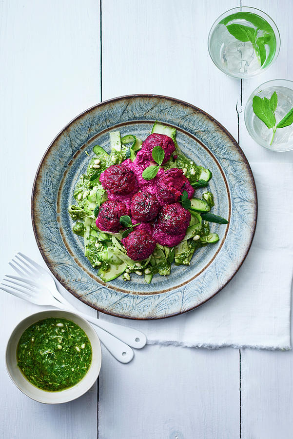 Beetballs On Courgette Ribbons With Beetroot Pesto Photograph by Cliqq Photography