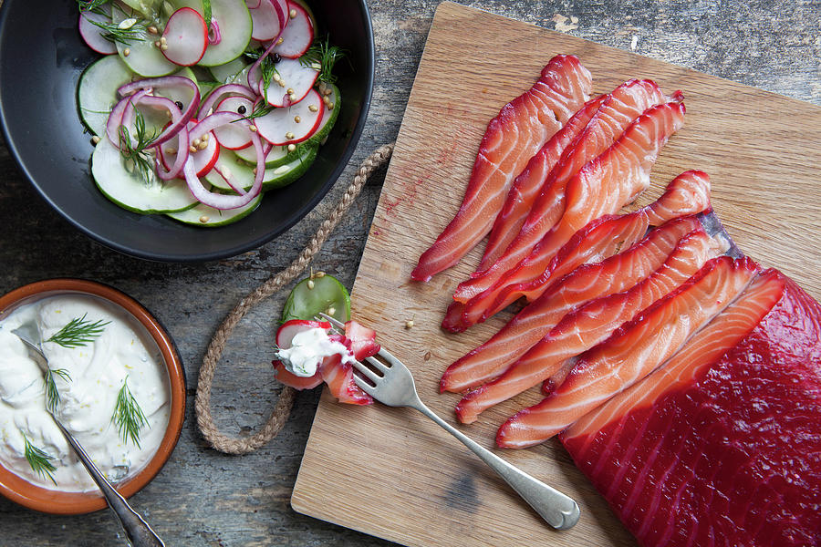 Beetroot And Gin Cured Salmon With Pickled Radishes And Cucumber Photograph by Andr Ainsworth