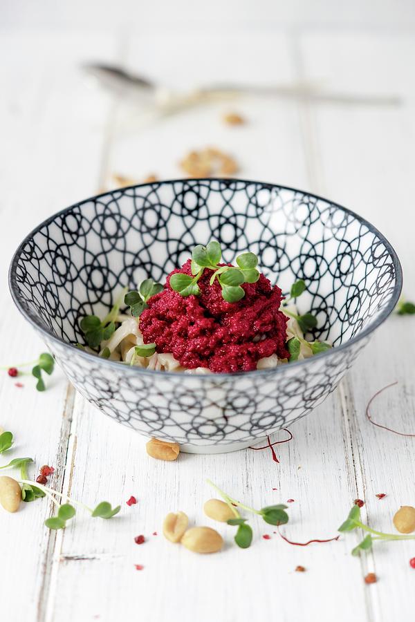 Beetroot And Peanut Pesto With Pasta And Large-leaf Cress Photograph by Saskia In Der Au