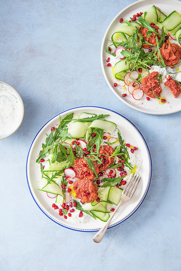 Beetroot Baked Falafels With Coriander Yoghurt, Cucumber Ribons ...