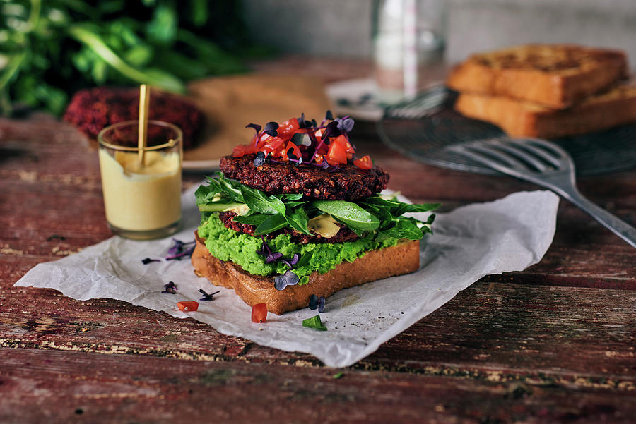 Beetroot Buckwheat Fritters On French Toast With Turmeric Sauce, Dandelion Salad, Mushy Peas And Beetroot Shoots Photograph by Angelika Grossmann
