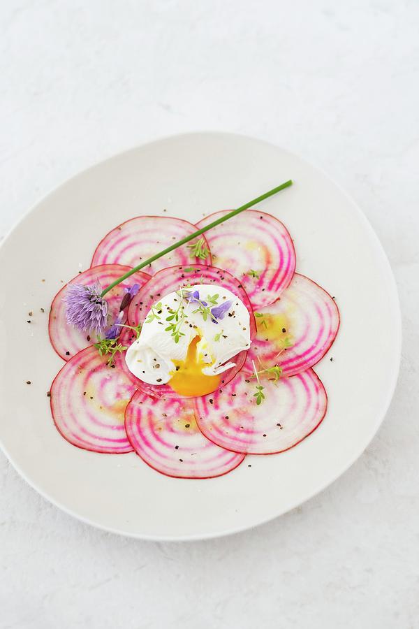 Beetroot Carpaccio With A Poached Egg Photograph by Jan Wischnewski
