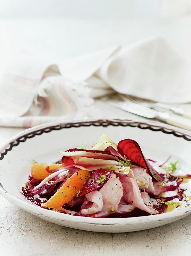 Fall Photograph - Beetroot Carpaccio With Sea Bass, Oranges, Fennel And Red Endive by Lingwood, William