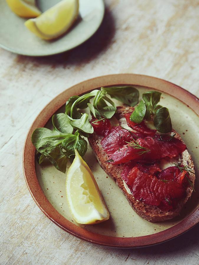 Beetroot Cured Salmon On Toasted Sourdough Photograph by Lukejalbert