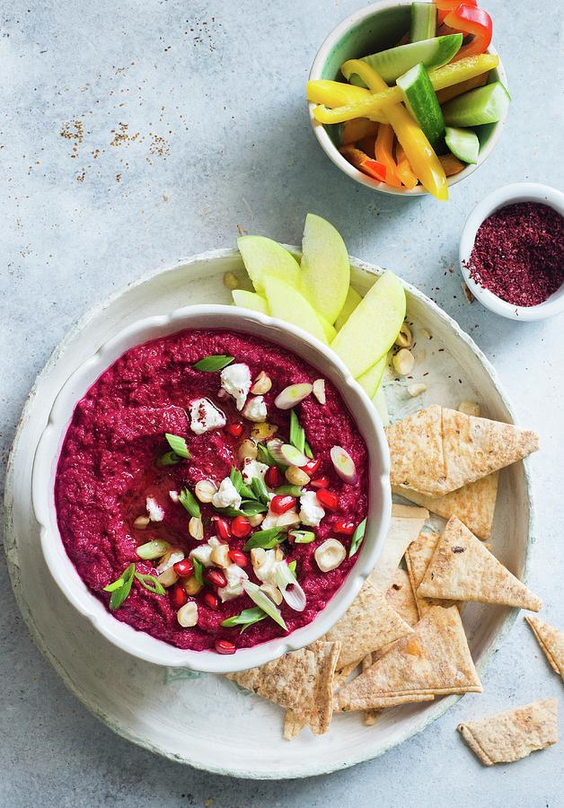 Beetroot Goat Cheese Dip With Vegetable Sticks And Crackers Photograph by The White Ramekins