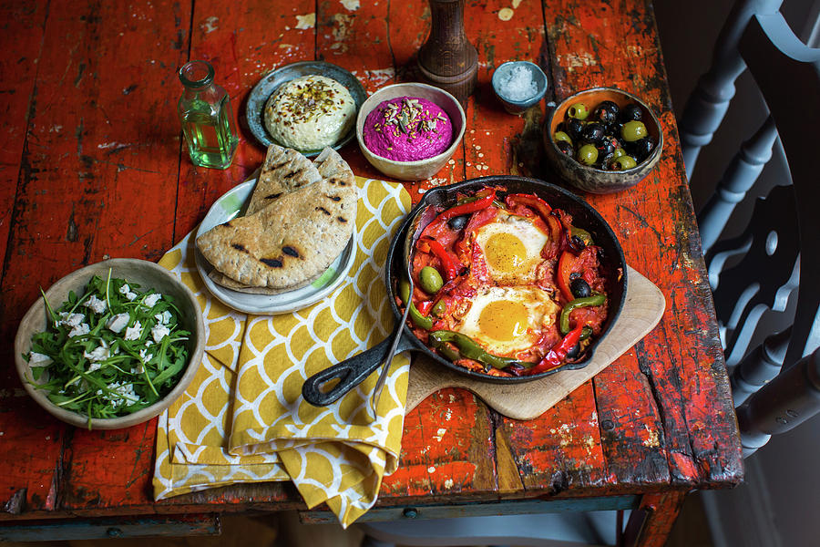 Beetroot Hummus, Egg, Hummus, Olives, Pitta Bread, Rocket, Vegitarian Shakshuka Feta Photograph by Lara Jane Thorpe