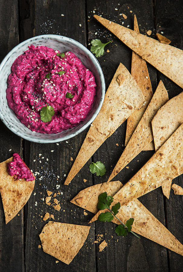 Beetroot Hummus With Tortilla Chips For Dipping top View Photograph by Stacy Grant