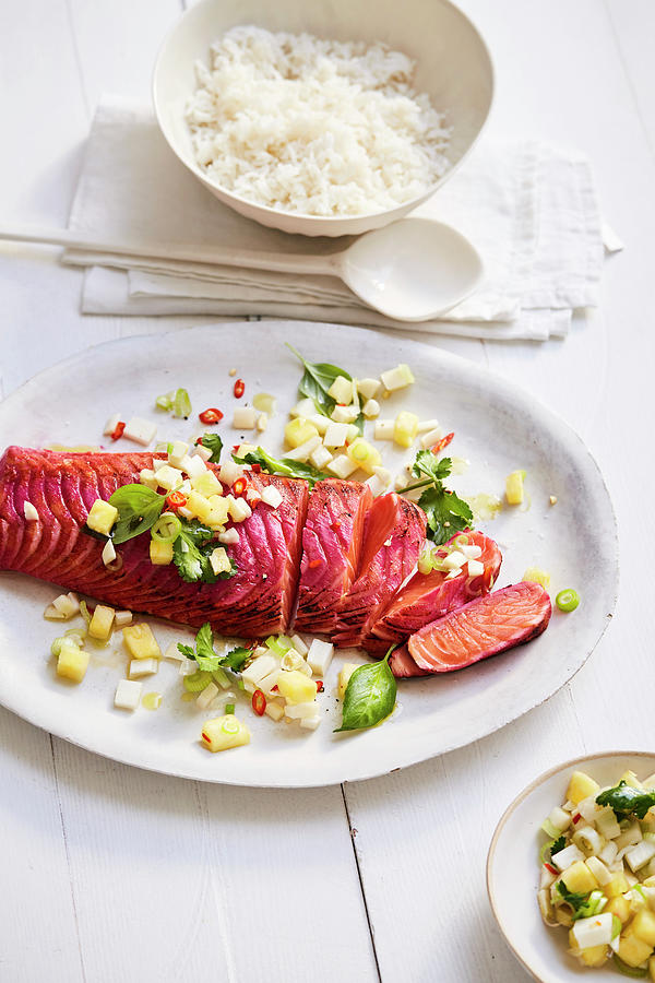 Beetroot Marinated Salmon With Asparagus And Pineapple Sambal Photograph by Stockfood Studios /  Thorsten Suedfels
