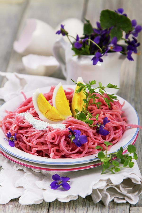Beetroot Pasta With A Boiled Egg, Herb Quark And Violet Flowers Photograph by Halmos, Monika