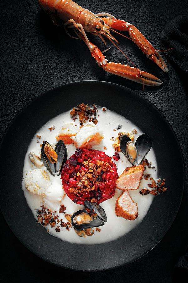 Beetroot Risotto With Seafood, Stollen Topping And Ginger Sauce Photograph by Bjrn Llf