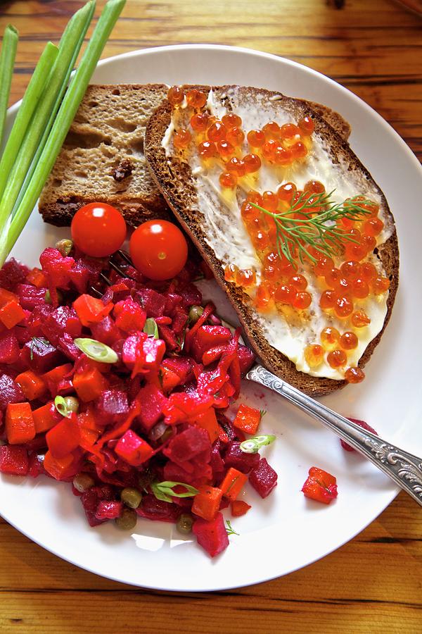 Beetroot Salad With Bread And Butter With Salmon Caviar russia Photograph by Andre Baranowski