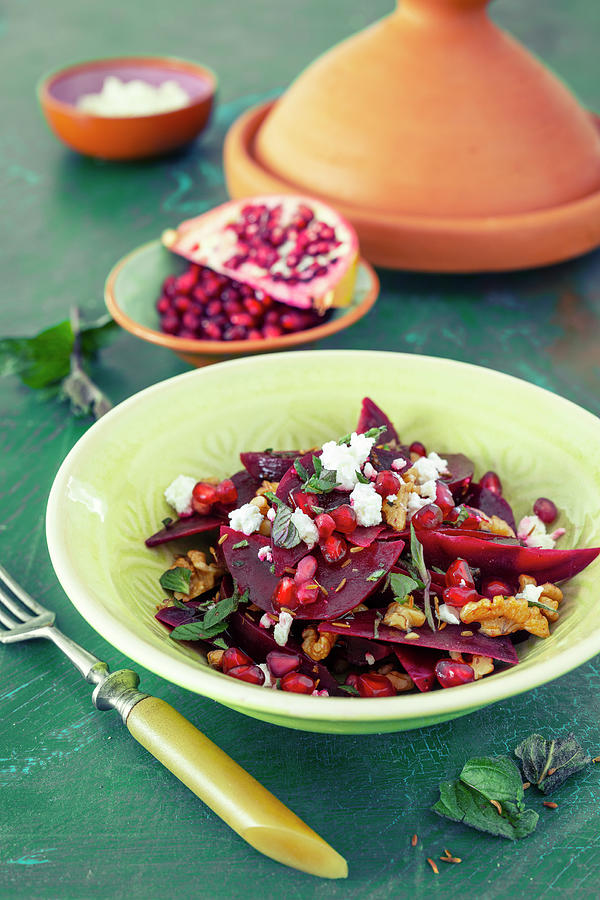 Beetroot Salad With Feta Cheese And Pomegranate Seeds vegetarian Photograph by Jan Wischnewski