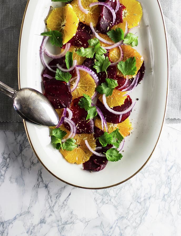 Beetroot Salad With Onions And Oranges seen From Above Photograph by The Stepford Husband