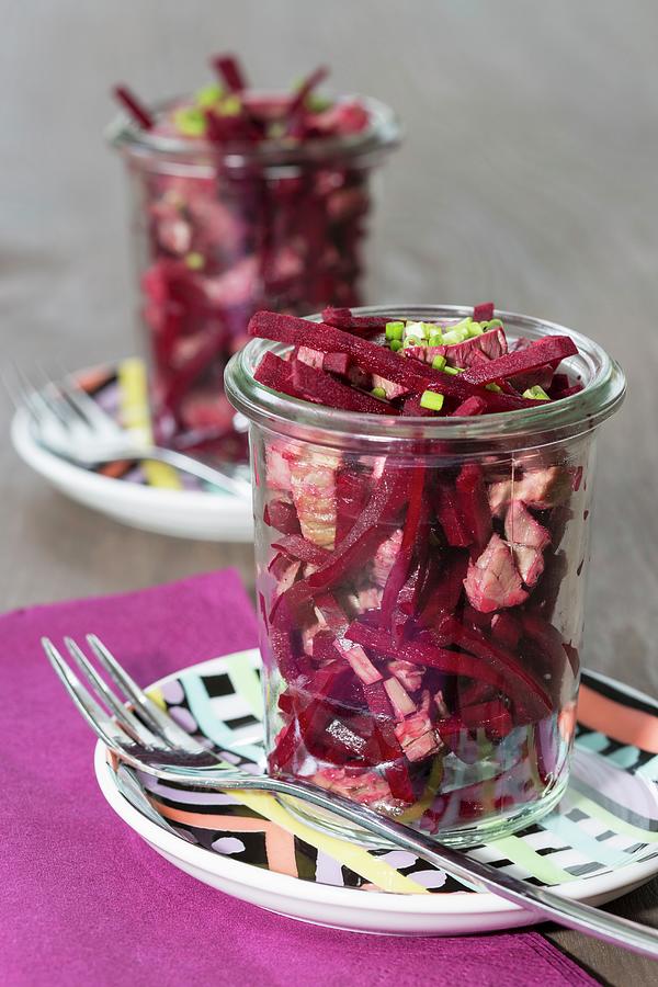 Beetroot Salad With Veal And Chives In Glasses Photograph by Jan Wischnewski