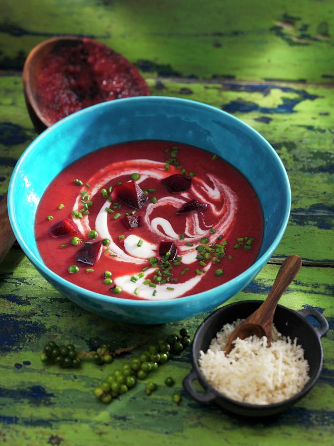 Beetroot Soup With Green Pepper Photograph by Karl Newedel