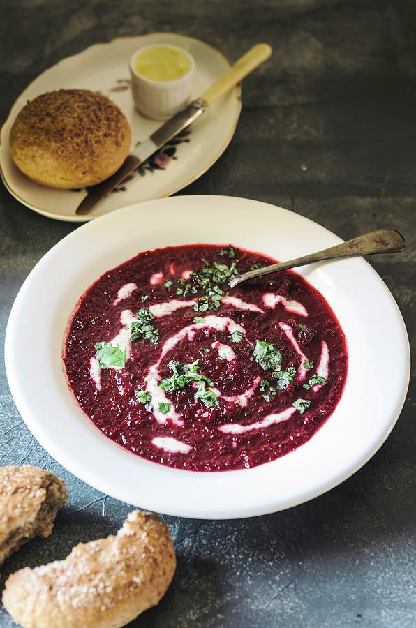 Beetroot Soup With Herbs And Sour Cream Photograph by Nick Sida