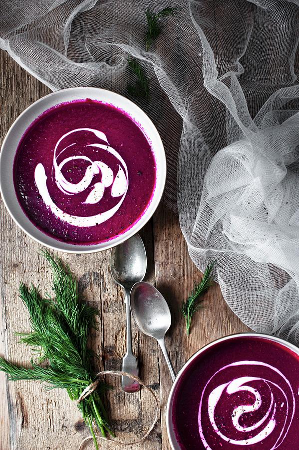 Beetroot Soup With Sour Cream And Fresh Dill Photograph by Magdalena Hendey