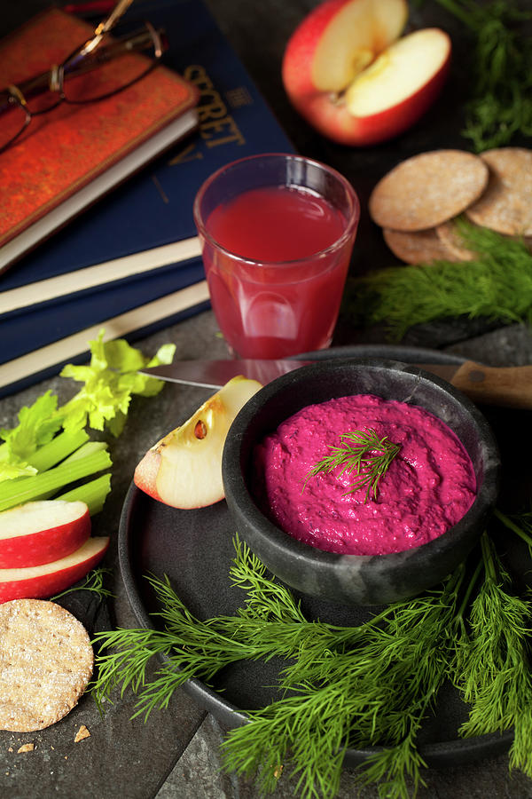 Beetroot Tahini Dip With Apple Slices Photograph by Jane Saunders