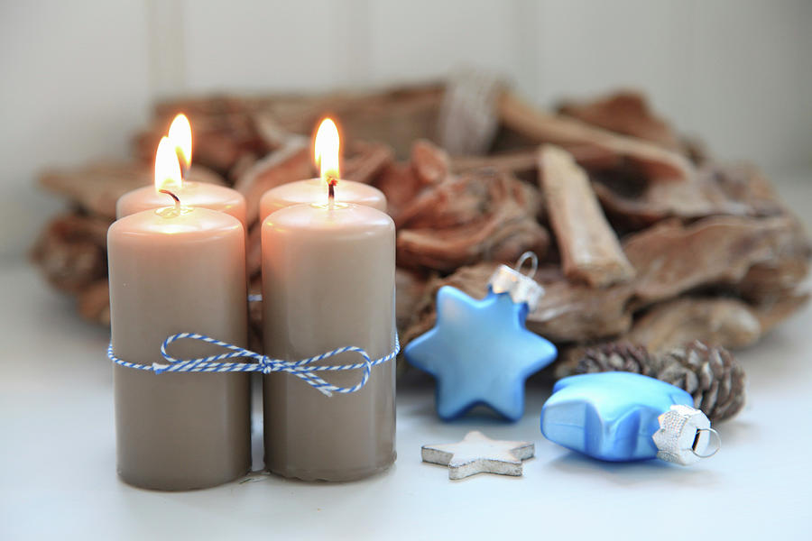 Beige Advent Candles With Blue Glass Stars And Driftwood Wreath Photograph by Sonja Zelano