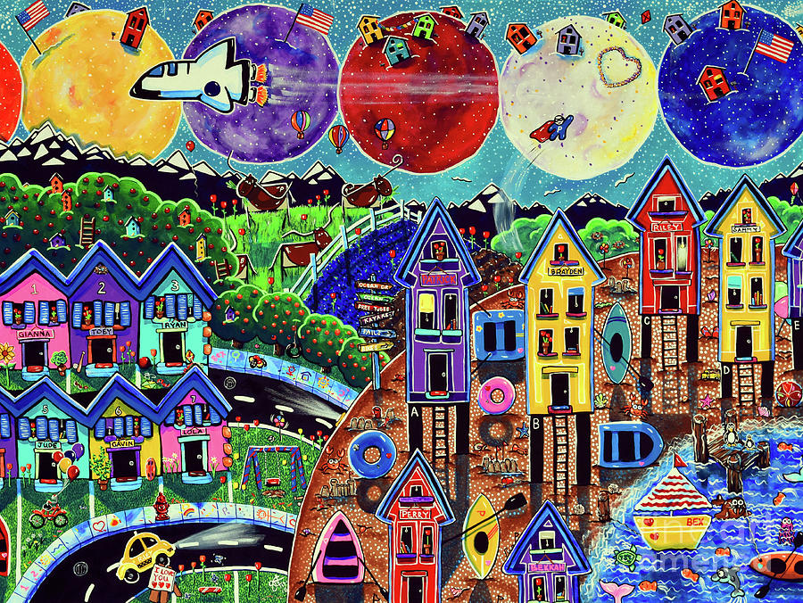 Space Painting - World Life Is Fun Space Shuttle Moon Planets Beach Homes Texas Longhorn Jackie Carpenter Fish Hero by Jackie Carpenter