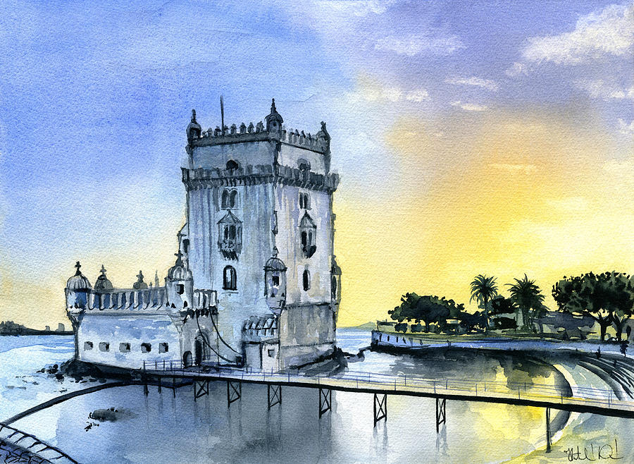 Sunset Painting - Belem Tower in Lisbon, Portugal by Dora Hathazi Mendes