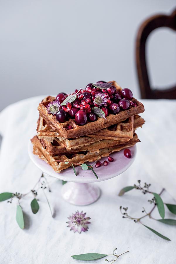 Belgian Spelt Waffles With Warm Cherries, Cranberries, Pomegranate Seeds Photograph by Carolin Strothe