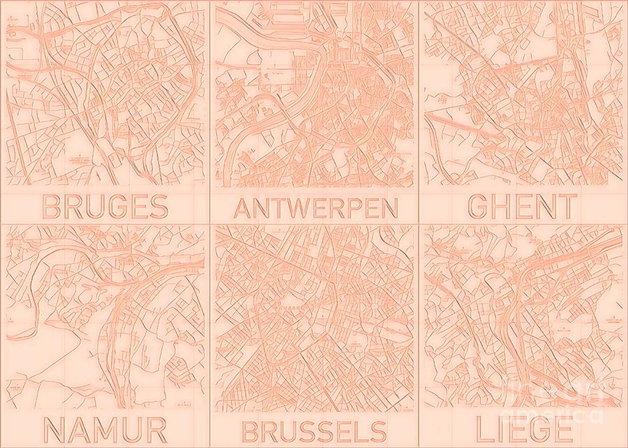 Belgium Blueprint Cities Map alt Digital Art by HELGE Art Gallery