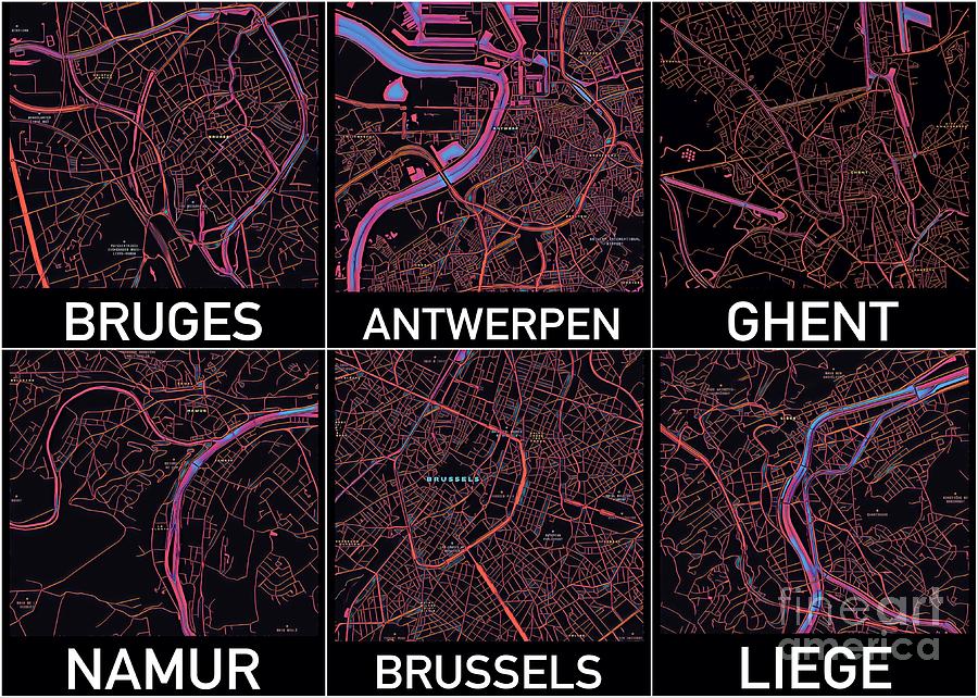 Belgium Cities Map Digital Art by HELGE Art Gallery