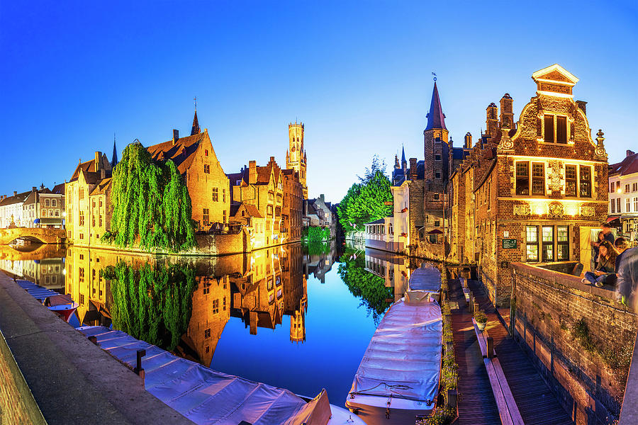 Belgium, Flanders, Bruges, Benelux, Quay Of The Rosary (rozenhoedkaai), Typical Houses On The Canal And Belfry Tower Digital Art by Luigi Vaccarella